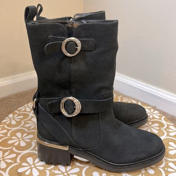 NWT Vince Camuto black nubuck leather Kerivini buckle detail boots - Picture 8 of 15